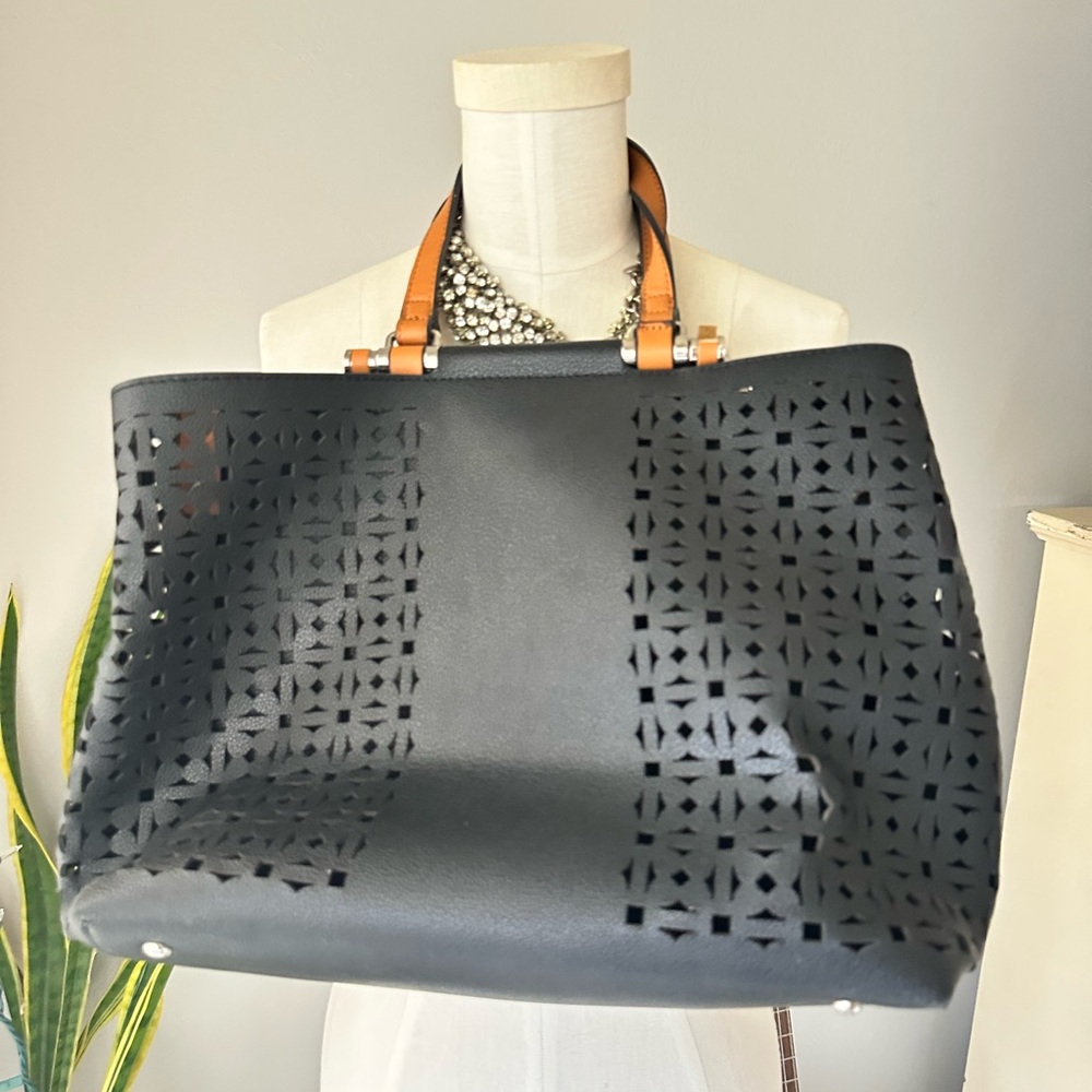 Urban Expressions Black Certified Vegan Tote with Tan Handles